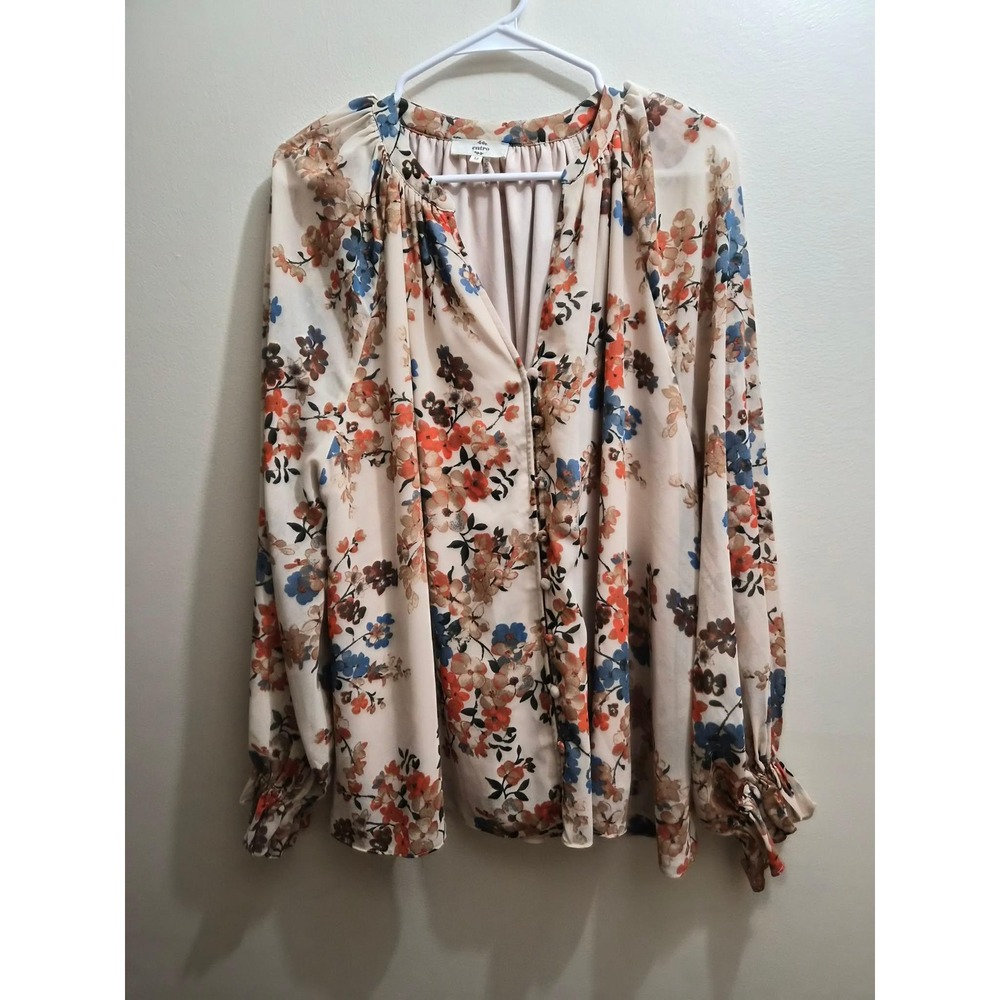 Entro Women Floral Long Sleeve Button Front V-Neck Blouse Cream Orange Blue M L